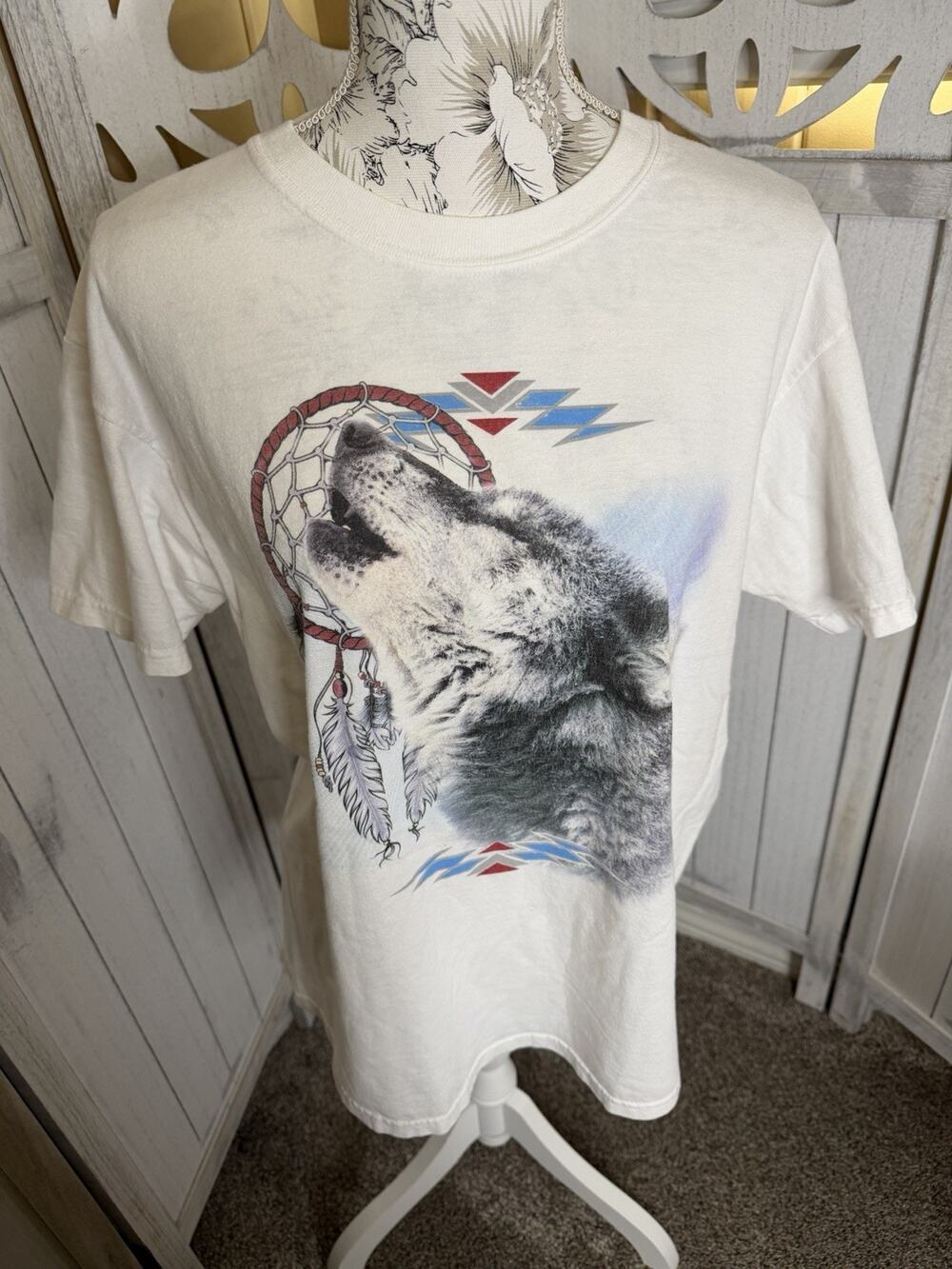 Vintage Fruit Of Loom Wolf Dream Catcher T-Shirt Animal Nature Print Mens Large